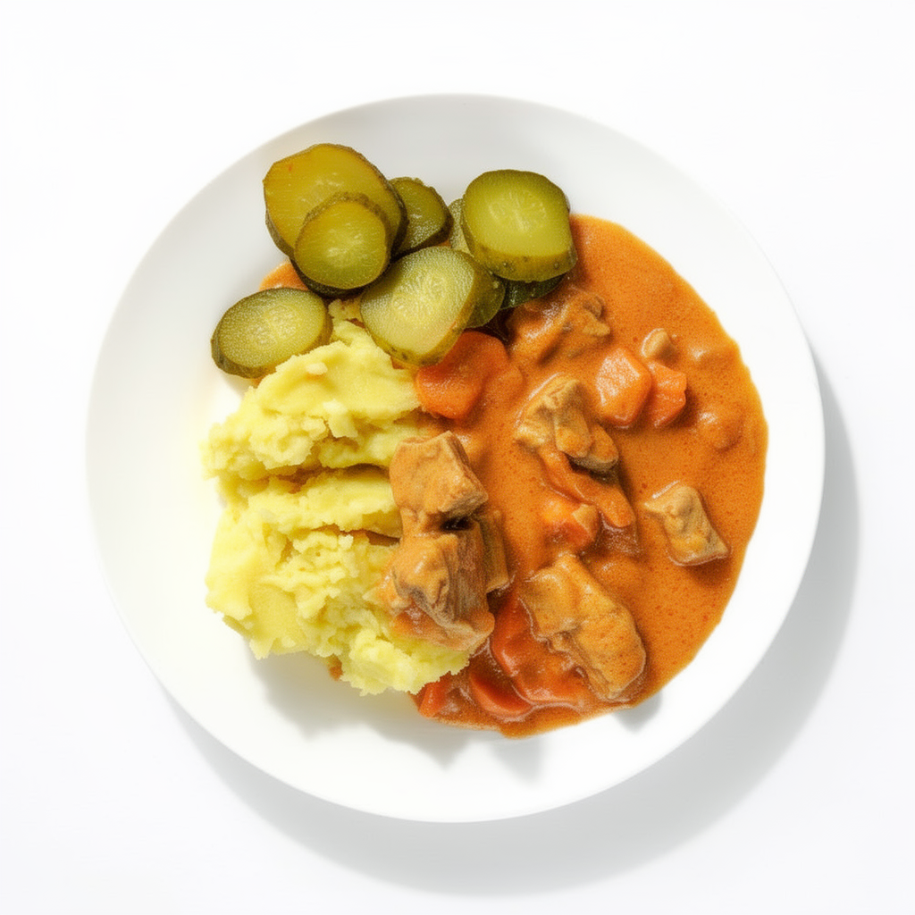 Šiltas kiaulienos guliašas su bulvių koše
