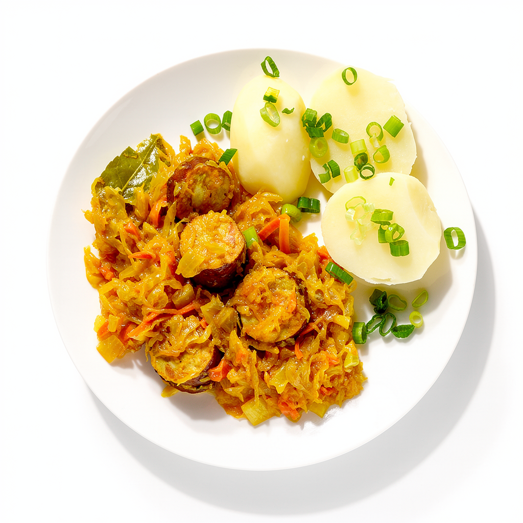 Troškinti rauginti kopūstai su rūkytomis dešrelėmis ir pomidorų padažu