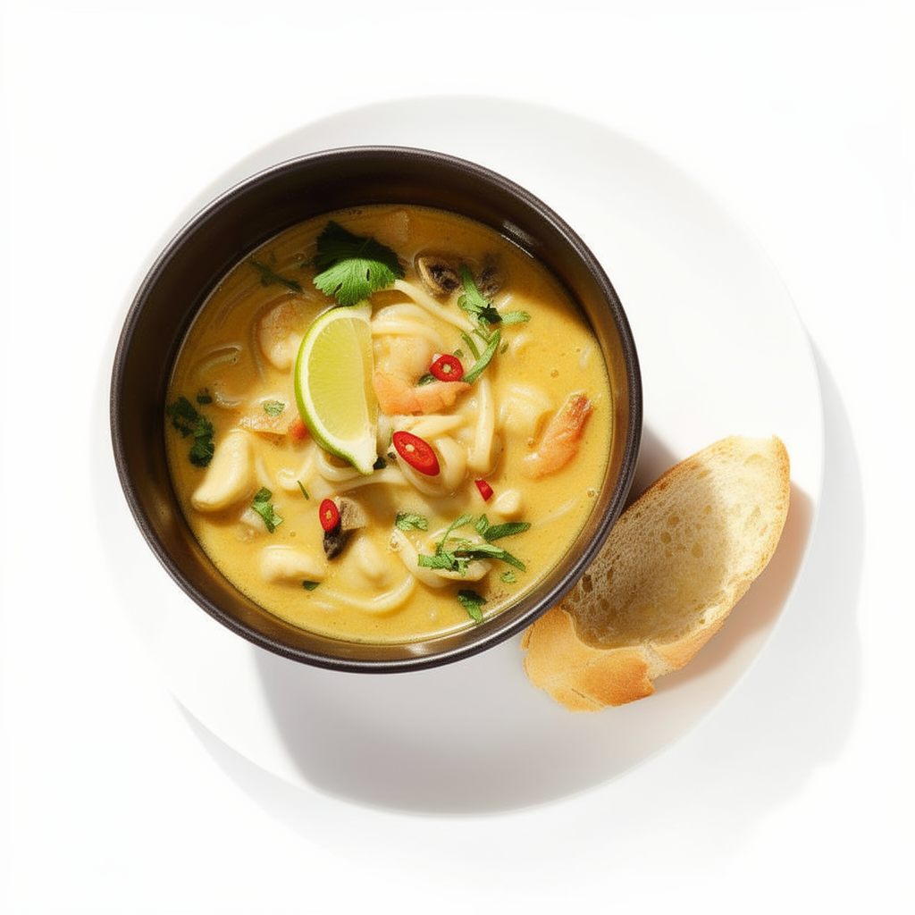 Azijietiška Tom Yum sriuba su vištiena, krevetėmis ir ryžių makaronais